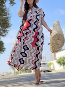 Summer Shirt Collar Print Ripple Large Swing Short Sleeved Dress Long Skirt