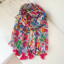 Load image into Gallery viewer, Bohemian colorful flowers, cotton and linen hand scarf, sunscreen, beach scarf, scarf scarf woman