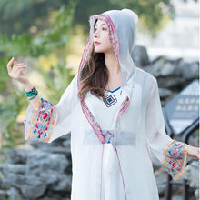 Load image into Gallery viewer, Ethnic style sunscreen cardigan women&#39;s thin desert hooded jacket embroidered retro chiffon beach blouse loose outside