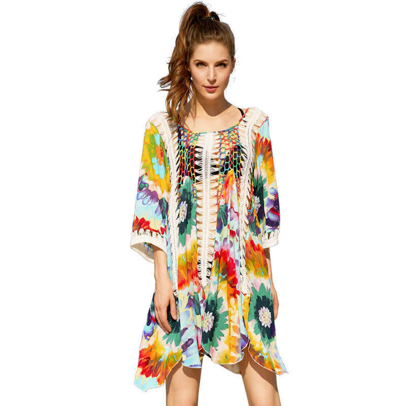 New Printed Hollow Sun Protection Loose and Thin Beach dress