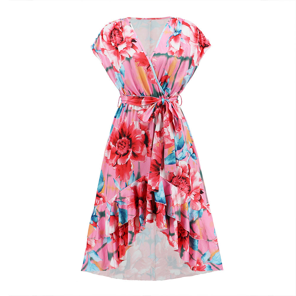 Summer New V-Neck Fishtail Dress Bat Sleeve Print Dress