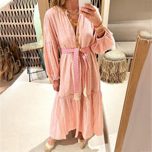 Load image into Gallery viewer, Spring New Cross border Women&#39;s Fashion V-neck Bubble Sleeve Bohemian Cotton Hemp Dress