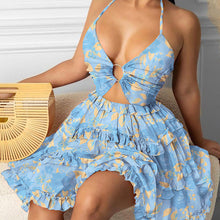 Load image into Gallery viewer, Summer cutout strappy v-neck waist halter print suspender dress