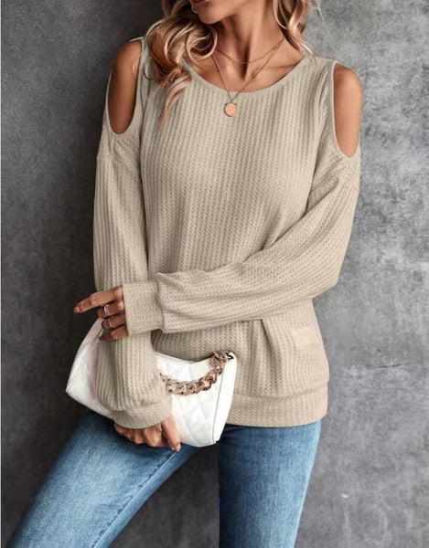 Autumn and Winter New Off-the-shoulder Buttons Loose Long-sleeved T-shirt Tops