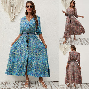 Bohemian Cotton 3/4 Sleeve Waist Casual Resort Beach Dress