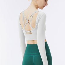 Load image into Gallery viewer, New style beautiful suspenders chest pad backless yoga wear long-sleeved sports women&#39;s nude fitness short top