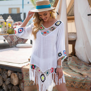 New Off The Shoulder half Sleeve Hook Pattern Stitching Irregular Tassel Beach Cover Up Shirt Ethnic Style Dress