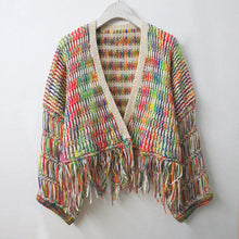 Load image into Gallery viewer, Loose hand-woven rainbow fringed knitted cardigan autumn and winter short sweater coat