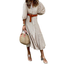 Load image into Gallery viewer, Fall/Winter New Fashion Belt Print V-neck Simple Temperament Long Dress