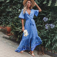 Load image into Gallery viewer, Bohemian Summer High Waist Lace up V-Neck Loose Large Hem Dress Seaside Long Dress