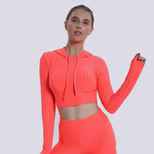 Load image into Gallery viewer, Yoga clothes Jacquard bubble hooded long sleeve Women&#39;s fitness clothes Sports Yoga tops