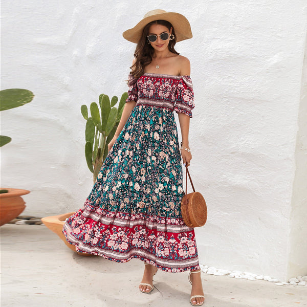 Bohemian beach resort dress one shoulder puff sleeve midi dress