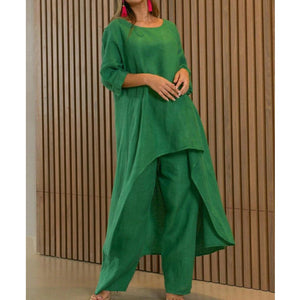 Cotton Linen Fashion Casual Large Size Irregular Long Sleeve Suit Wide Leg Pants Two Piece Set