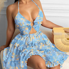 Load image into Gallery viewer, Summer cutout strappy v-neck waist halter print suspender dress