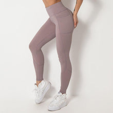 Load image into Gallery viewer, Spliced pocket size double-sided nylon high elastic sports high waist hip tight yoga pants women.