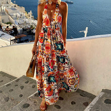 Load image into Gallery viewer, Stylish deep V halterneck sleeveless print resort beach dress