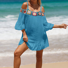 Load image into Gallery viewer, Holiday Suspenders Sun-protective Clothing Crocheted Lace Shoulder Dress Casual Short Solid Color Sunscreen Beach Skirt