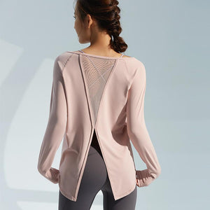 Autumn yoga clothes ladies loose mesh stitching long sleeve fitness clothes sports jacket running quick-drying breathable T-shirt.