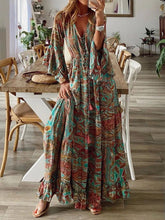 Load image into Gallery viewer, Bohemian Style Bell Sleeve Print V-neck High-waisted Resort Dress Floral Women&#39;s Dress