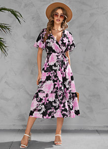 Summer print V-neck midi midi dress with a nipped-in waist