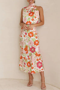 Summer New Light Mature Style Sleeveless Lace Printed Satin Dress