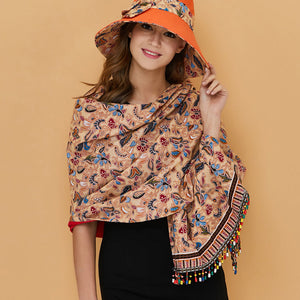 Tibetan nationality style shawl women's spring and summer sunscreen anti UV travel cloak Beaded tassel