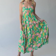 Load image into Gallery viewer, Summer Long Strap Dress Sexy Off Back Print Pleated Cross V-Neck Dress