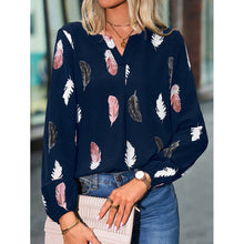 Load image into Gallery viewer, Women&#39;s V-neck feather print long sleeves loose T-shirt blouse