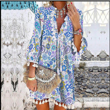 Load image into Gallery viewer, Printed V-neck pullover fringed ruffled sleeve dress