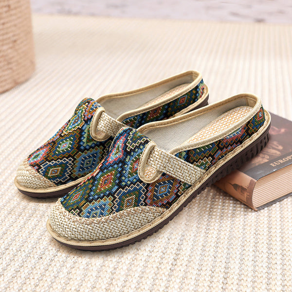 Women's New Ethnic Style Half Slippers Linen Casual Fisherman's Shoes Soft Soled Mother's Shoes