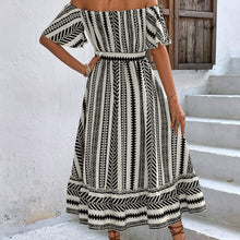 Load image into Gallery viewer, Bohemian Off Shoulder High Waist Lace up Casual Stripe Plaid Dress