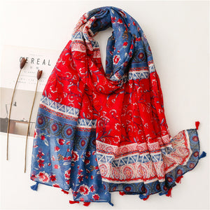 Ethnic Style Soft Cotton Hemp Handle Scarf Red Blue Small Broken Flower Decoration Sunscreen Shawl Silk Scarf Woman