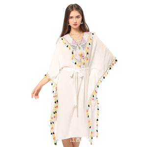 Boho Ethnic Beach Dress Resort Mid Length V Neck Dress