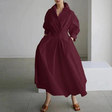 Load image into Gallery viewer, Cotton and Linen Net Color Lapel /POLO Collar Shirt Sleeve Elastic Waist Big Swing Dress