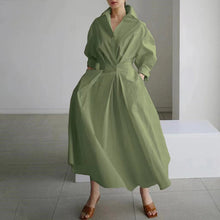 Load image into Gallery viewer, Cotton and Linen Net Color Lapel /POLO Collar Shirt Sleeve Elastic Waist Big Swing Dress