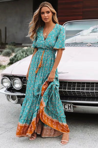 Bohemian Summer High Waist Lace up V-Neck Loose Large Hem Dress Seaside Long Dress