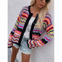 Load image into Gallery viewer, Striped sweater women loose plus size rainbow knit sweater button cardigan