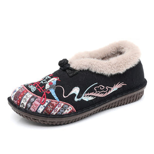 Women's Vintage Embroidery Ethnic Style Women's Warm keeping Cotton Shoes Middle aged and Old Aged Thick velvet Mother's Shoes Cotton Boots