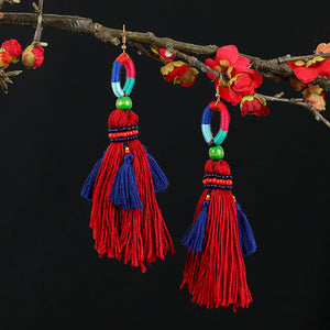 Retro national style contrast color pommel Earrings exaggerated personality Bohemian holiday long tassel temperament Earrings women