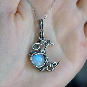 Retro Bohemian wind moon light stone necklace with wire wound hollow Moon Pendant