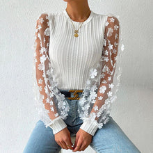 Load image into Gallery viewer, Women&#39;s Mesh Small Flower Chiffon Shirt, Women&#39;s Spring/summer Round Neck Slimming Pullover Long Sleeved Top
