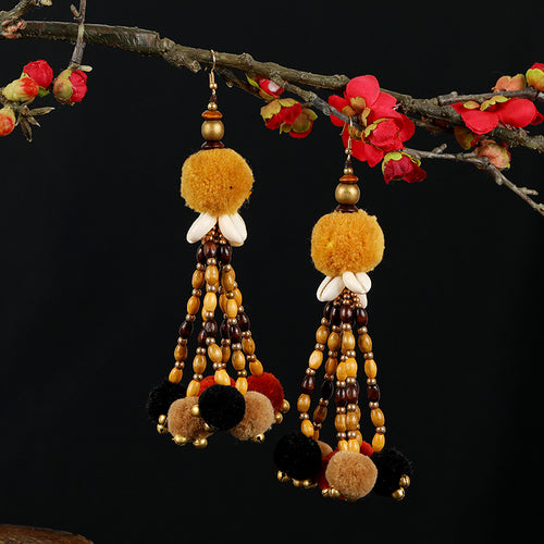 Retro national style contrast color pommel Earrings exaggerated personality Bohemian holiday long tassel temperament Earrings women