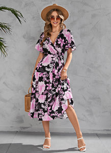 Summer print V-neck midi midi dress with a nipped-in waist