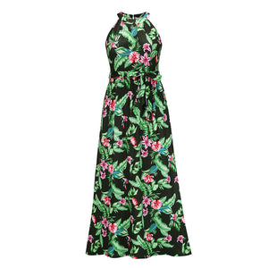 Hanging neck retro print dress seaside beach dress