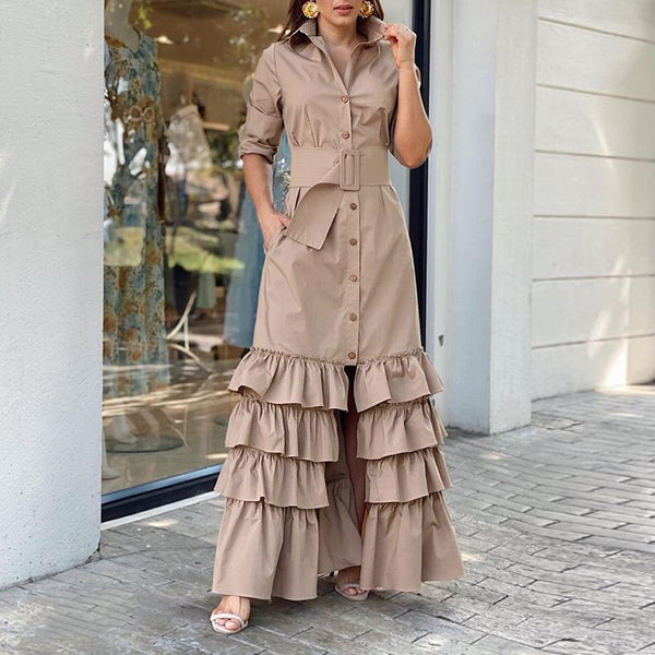 Long solid lapel buttoned belt dress