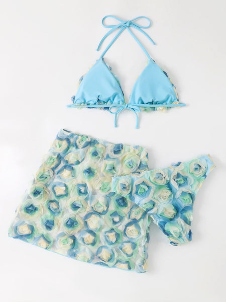 New 3D Rose Flower Split Three piece Bikini