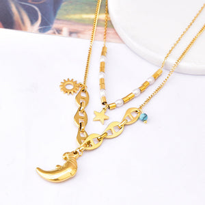 Good Night Moon Collar Chain Pearl Star Double Layer Pendant Necklace
