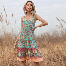 Load image into Gallery viewer, Bohemian Summer New Ethnic Floral Dress with Peach Heart Neck Strap Dress for Women