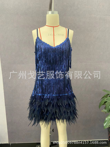 Stylish fringed sequin feather panels dress dress