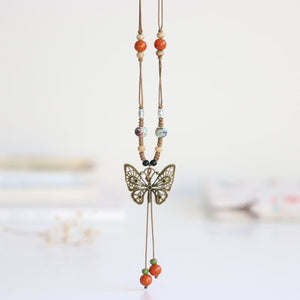 Ethnic style ceramic long sweater chain women's antique hanging vintage Chinese style butterfly necklace